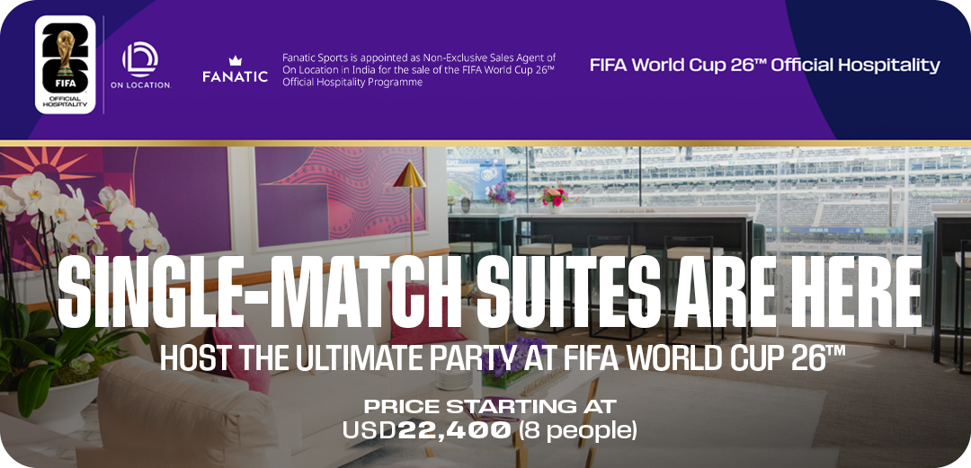 Luxury FIFA World Cup 2026 hospitality suite promoting single-match suite packages starting at USD 22,400 for eight guests.